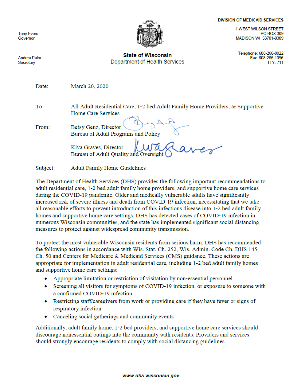 COVID19 DHS Letter AFH Guidelines Inclusa Managed Care